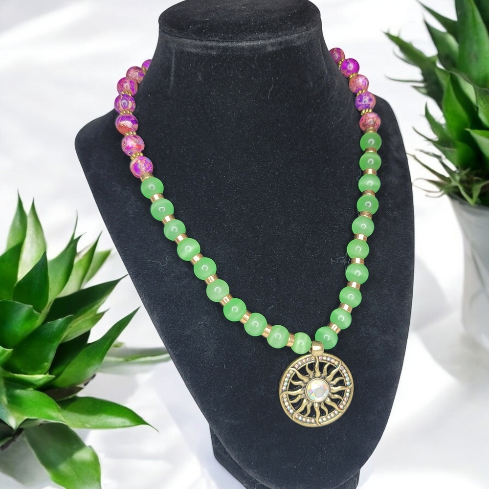 Green and Pink Beaded Necklace with Gold Pendant